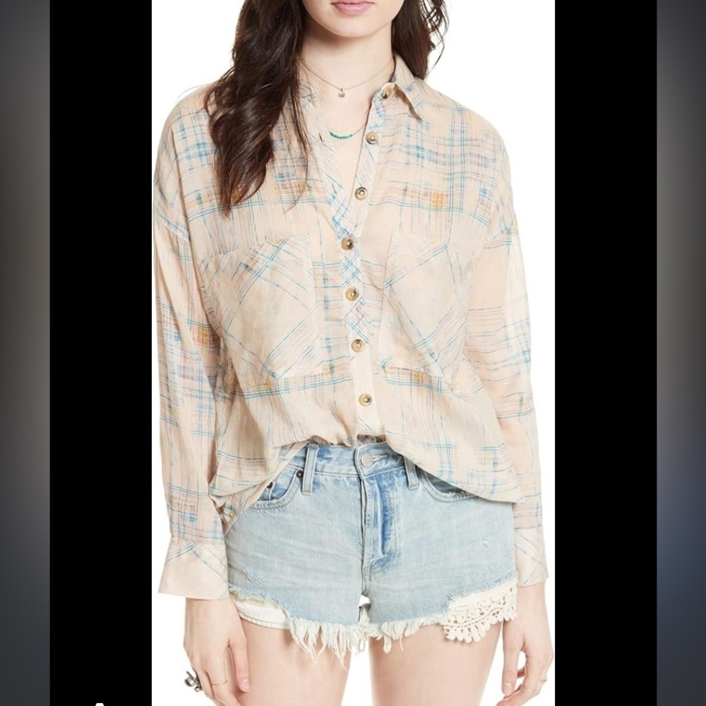 Free people nwot shore vibes plaid cream button up boho casual top fall classic